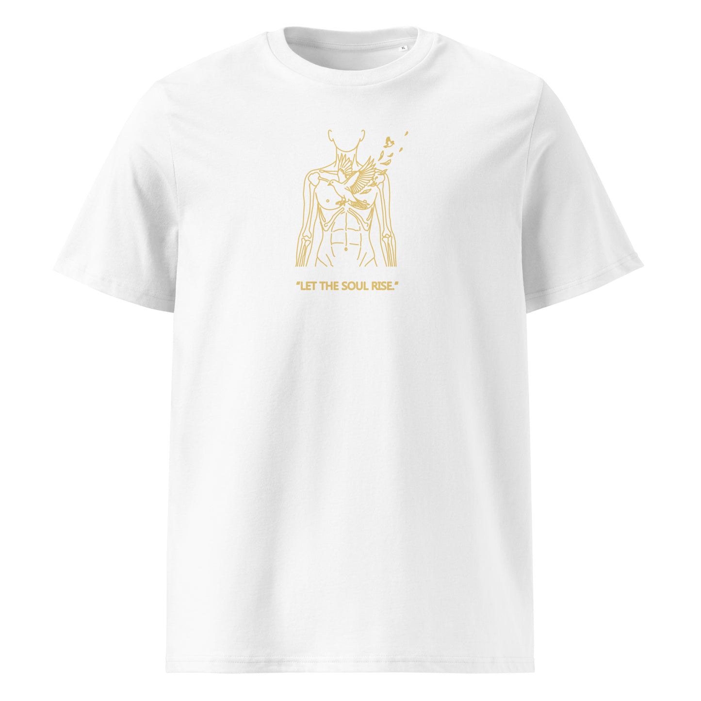 White t-shirt with gold graphic design and text on a white background