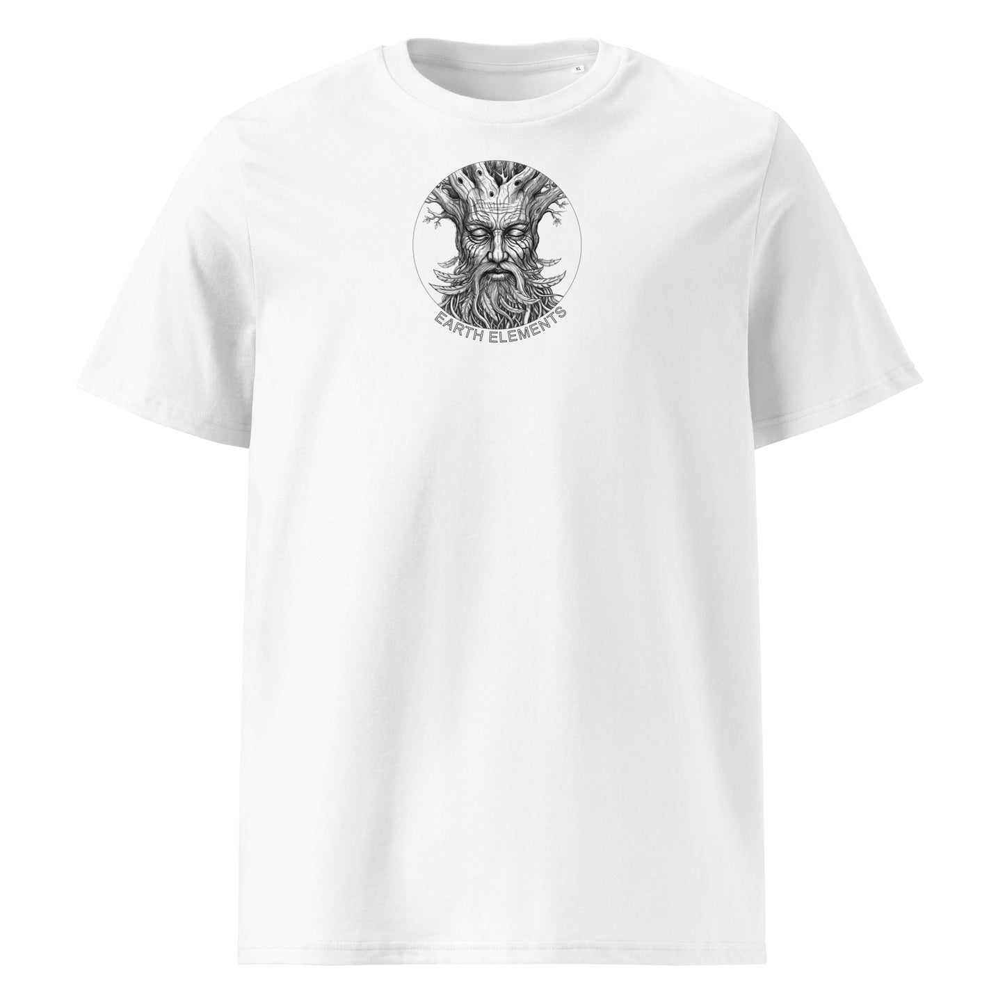 White t-shirt with black graphic design on a white background
