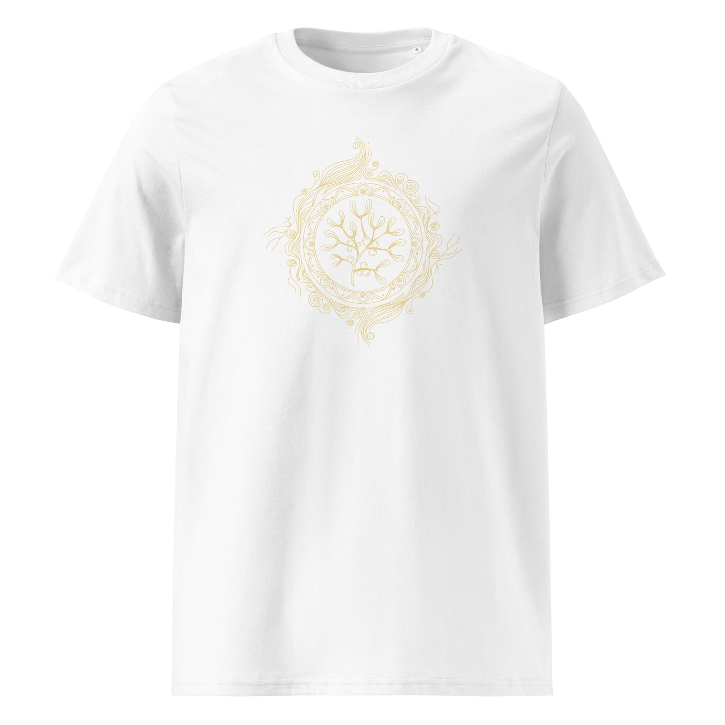 Golden line-art mandala with mistletoe and glowing berries, symbolizing feminine intuition and guardian energy. Elegant, mystical talisman on light background for spiritual t-shirt or apparel.