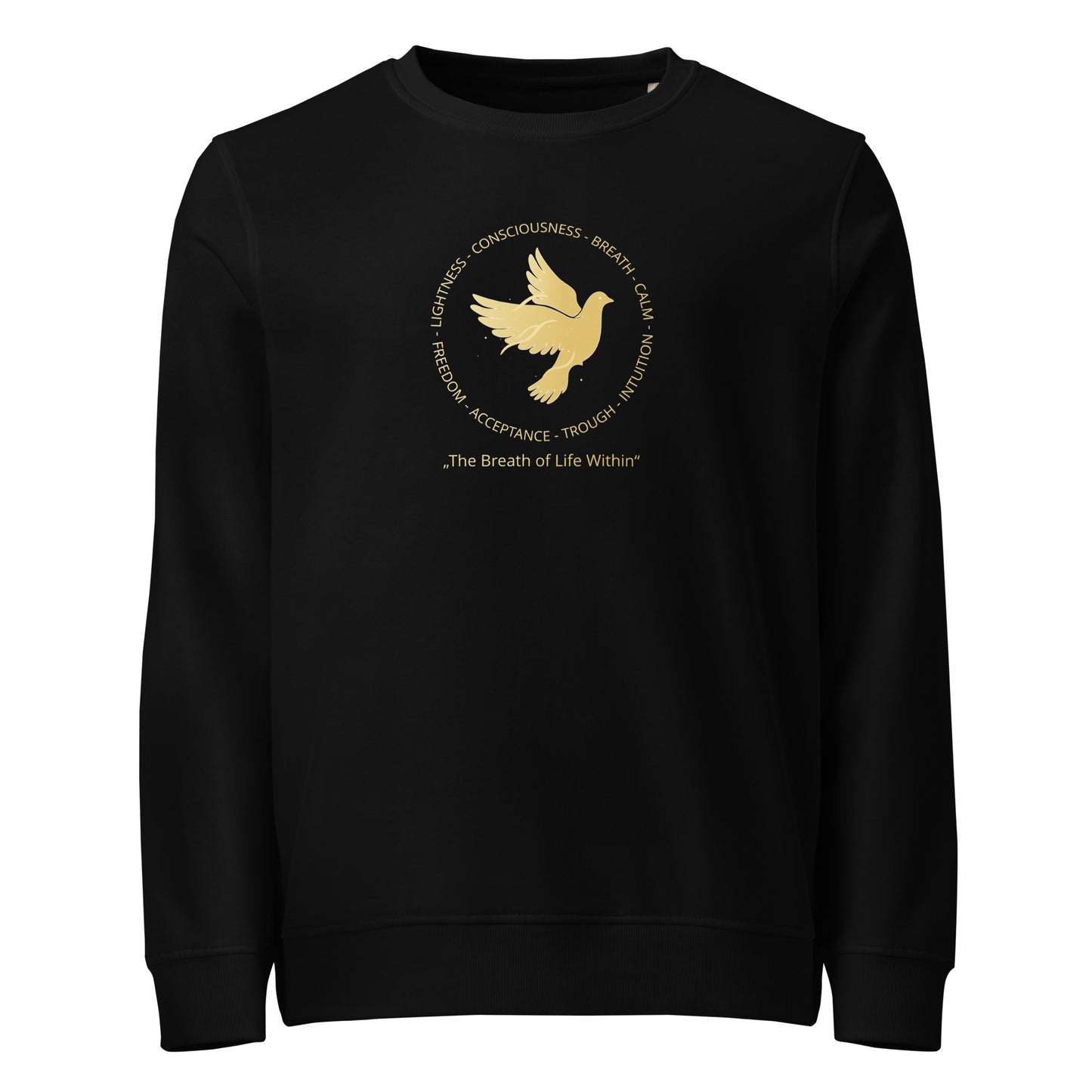 Black sweatshirt with a gold dove design and text on a white background