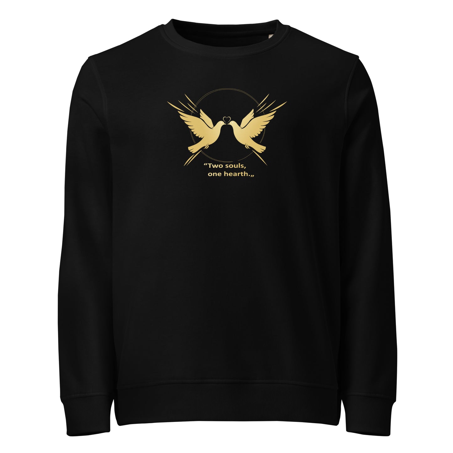 Black sweatshirt with gold bird design and text on a white background