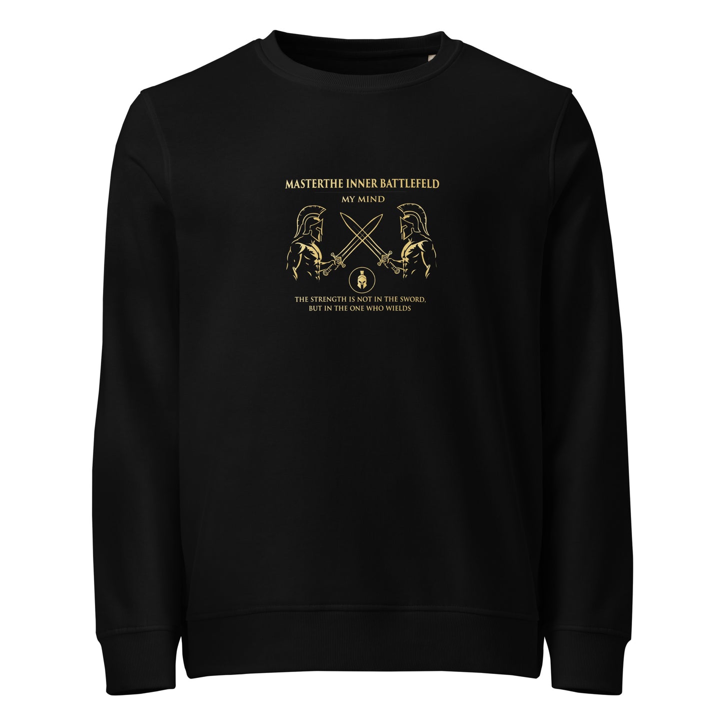 Black sweatshirt with gold graphic and text on a white background