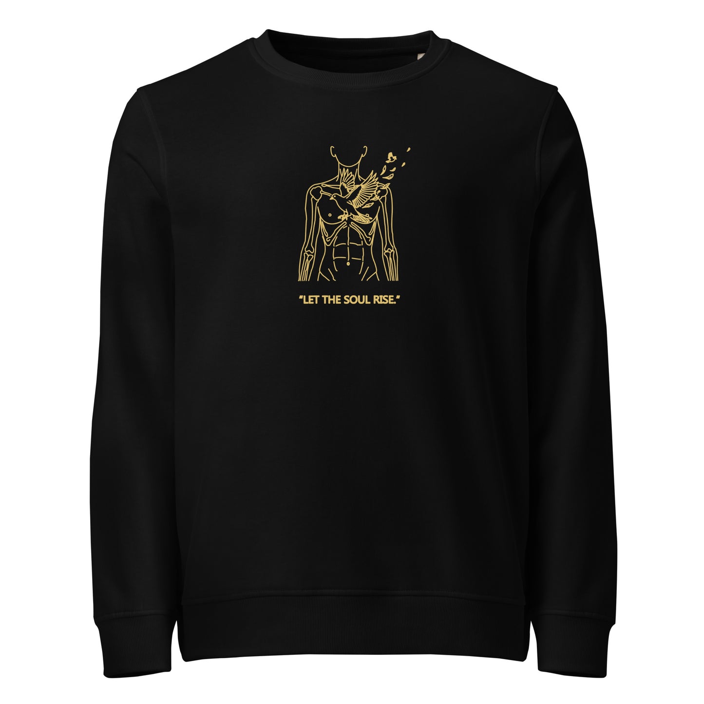 Black sweatshirt with gold graphic and text on a white background