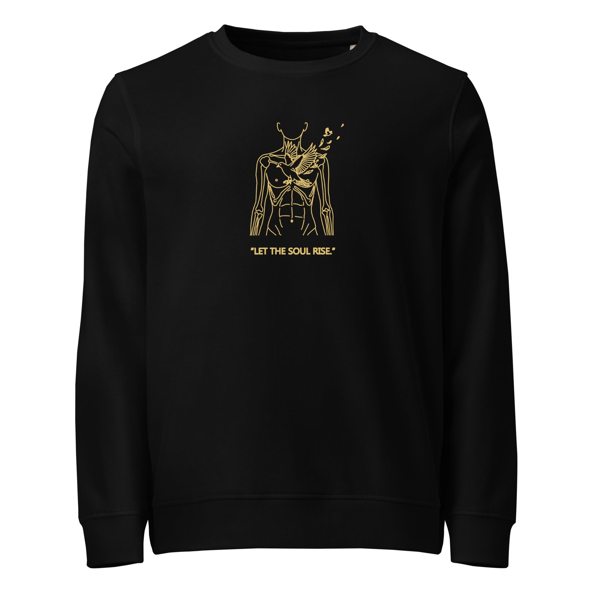Black sweatshirt with gold graphic and text on a white background