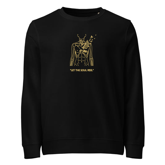 Black sweatshirt with gold graphic and text on a white background