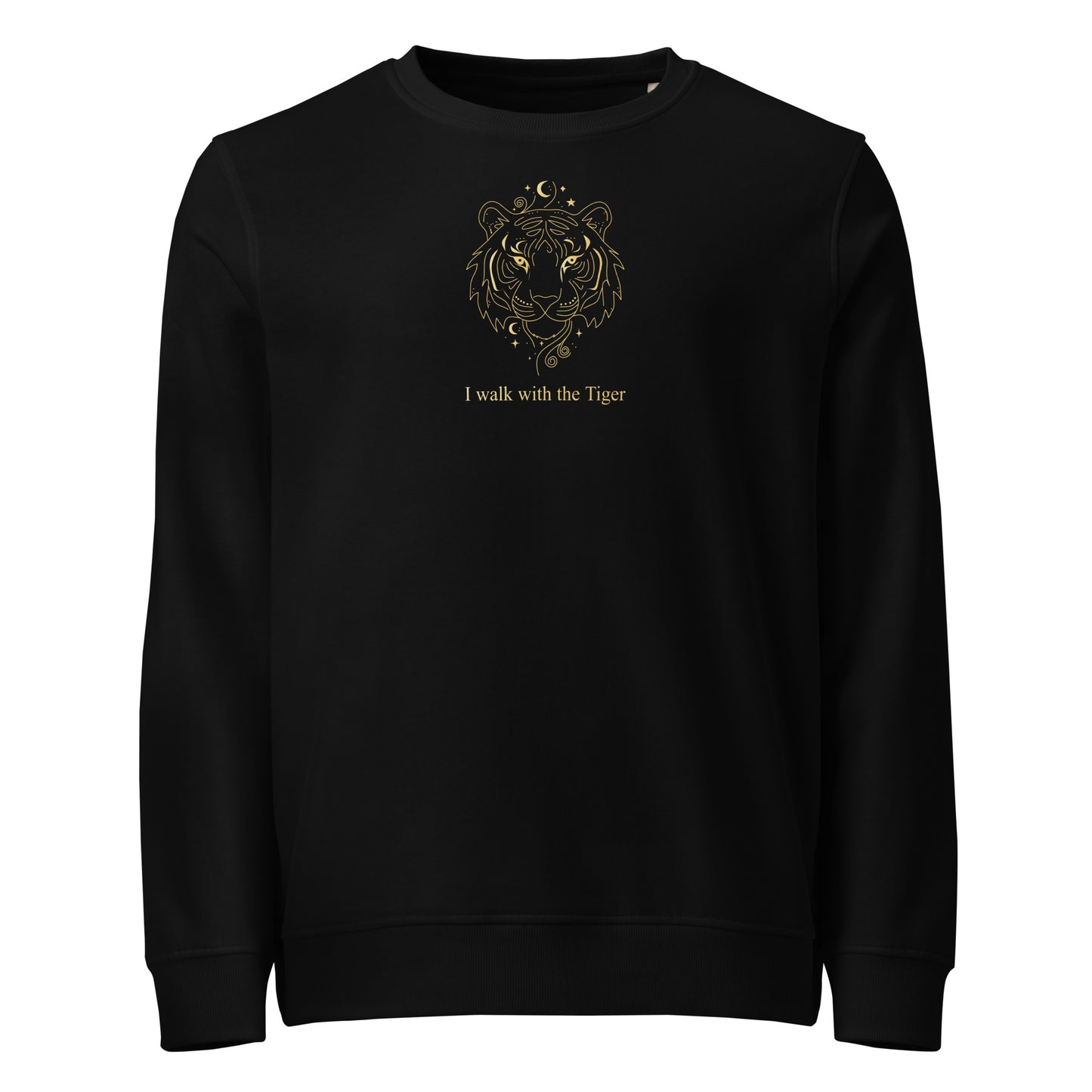 Black sweatshirt with gold tiger design and text on a white background