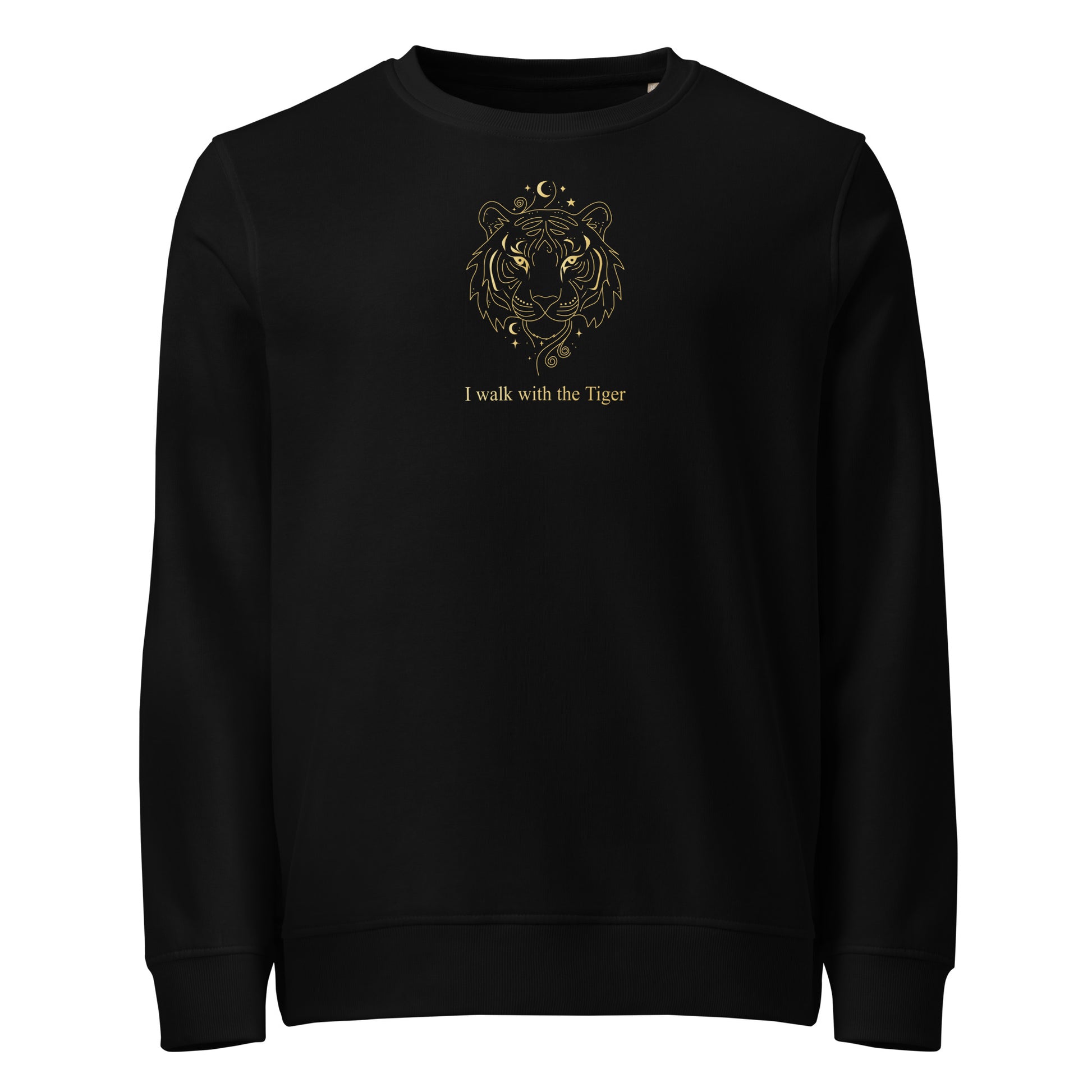 Black sweatshirt with gold tiger design and text on a white background