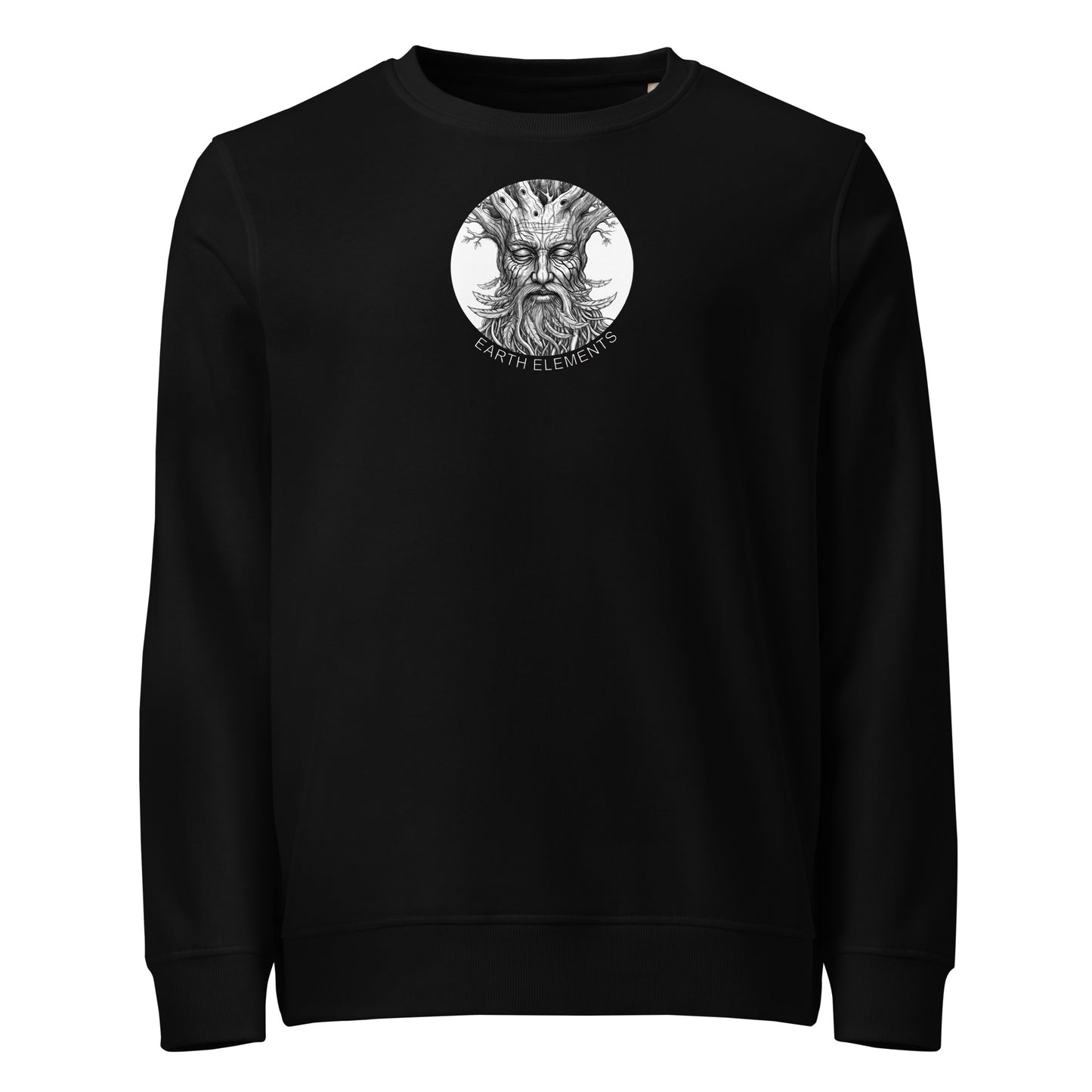 Black sweatshirt with a white graphic design on a white background