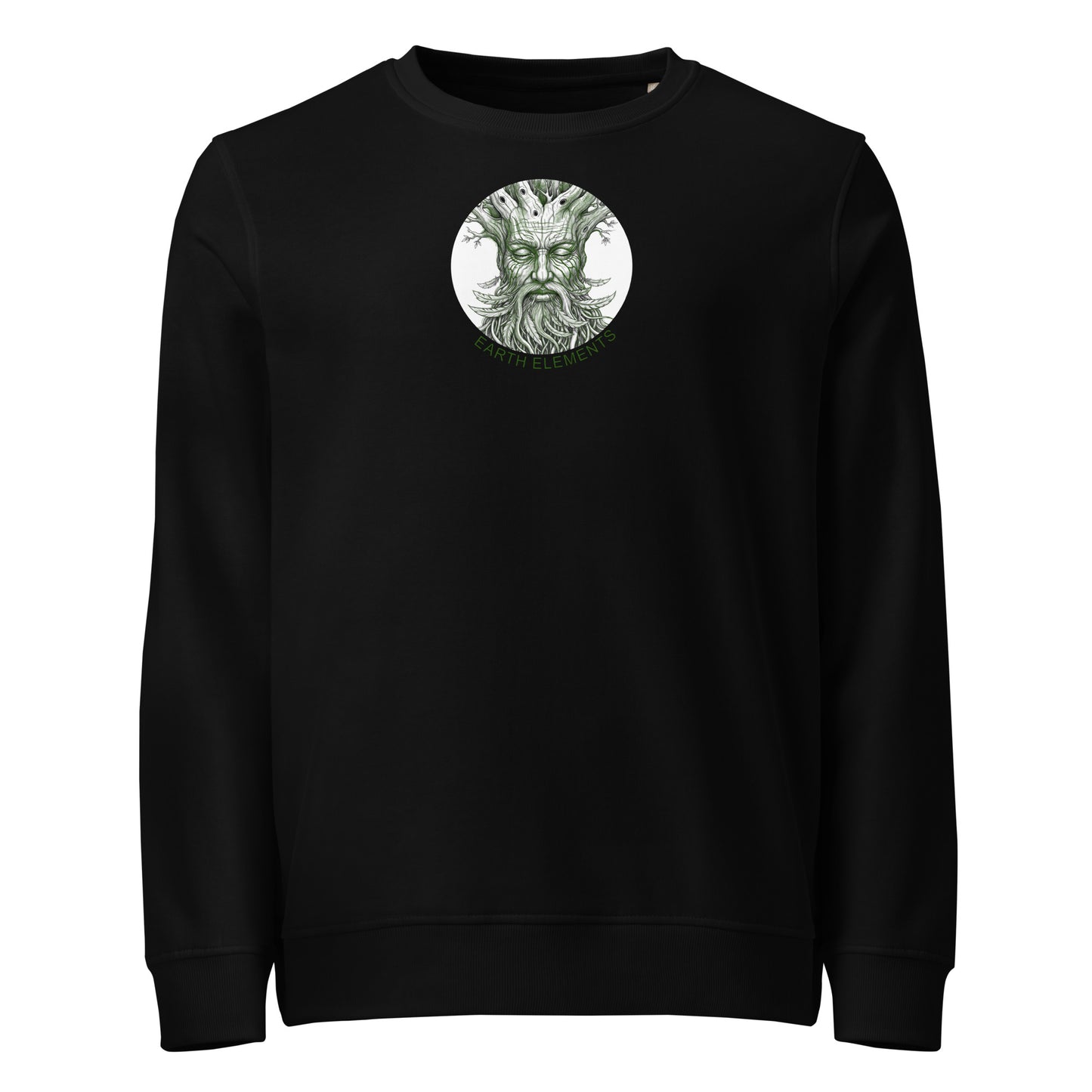 Black sweatshirt with a green graphic of a bearded figure on a white background