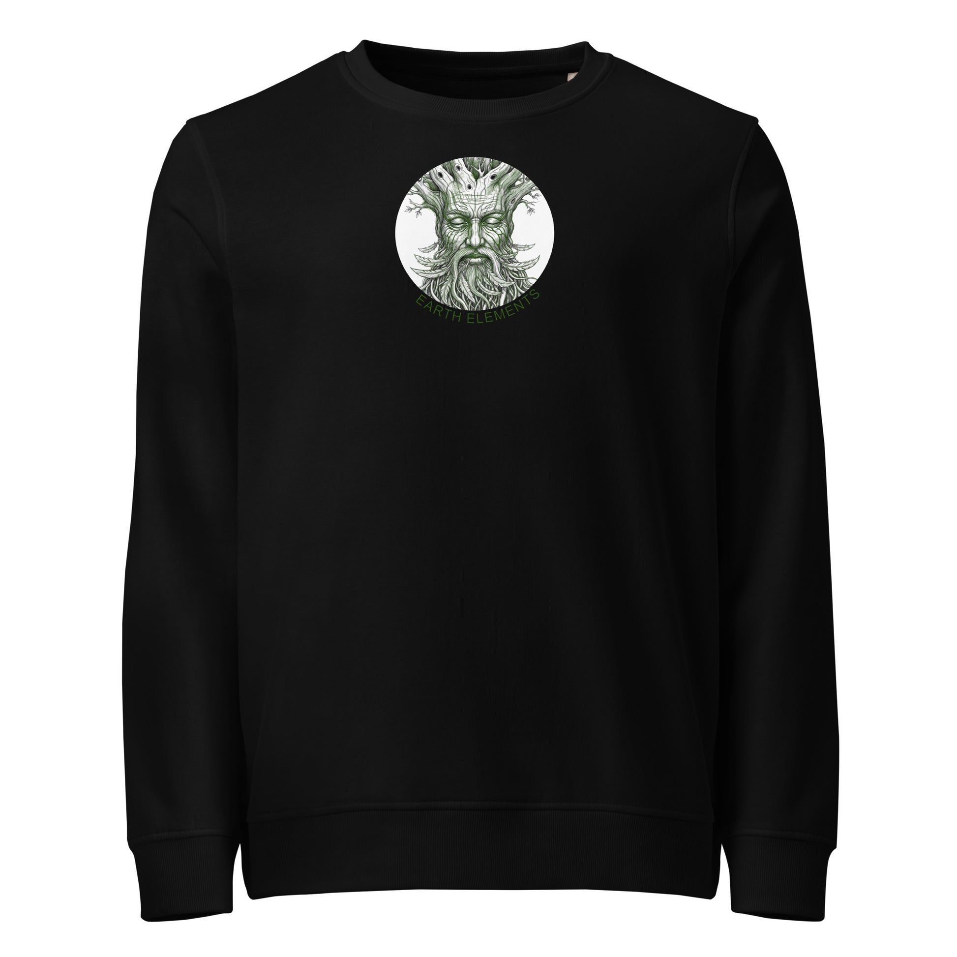 Black sweatshirt with a green graphic of a bearded figure on a white background