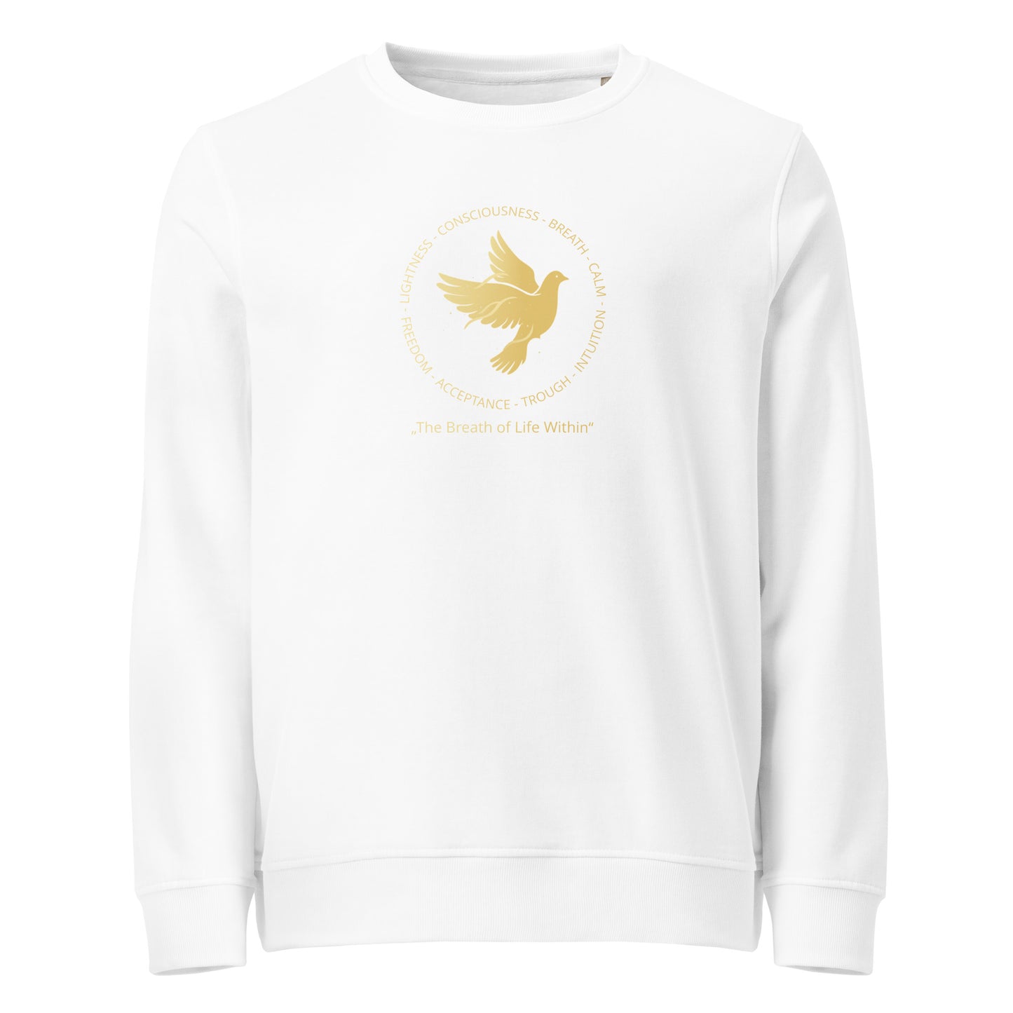 White sweatshirt with a gold dove logo on a white background