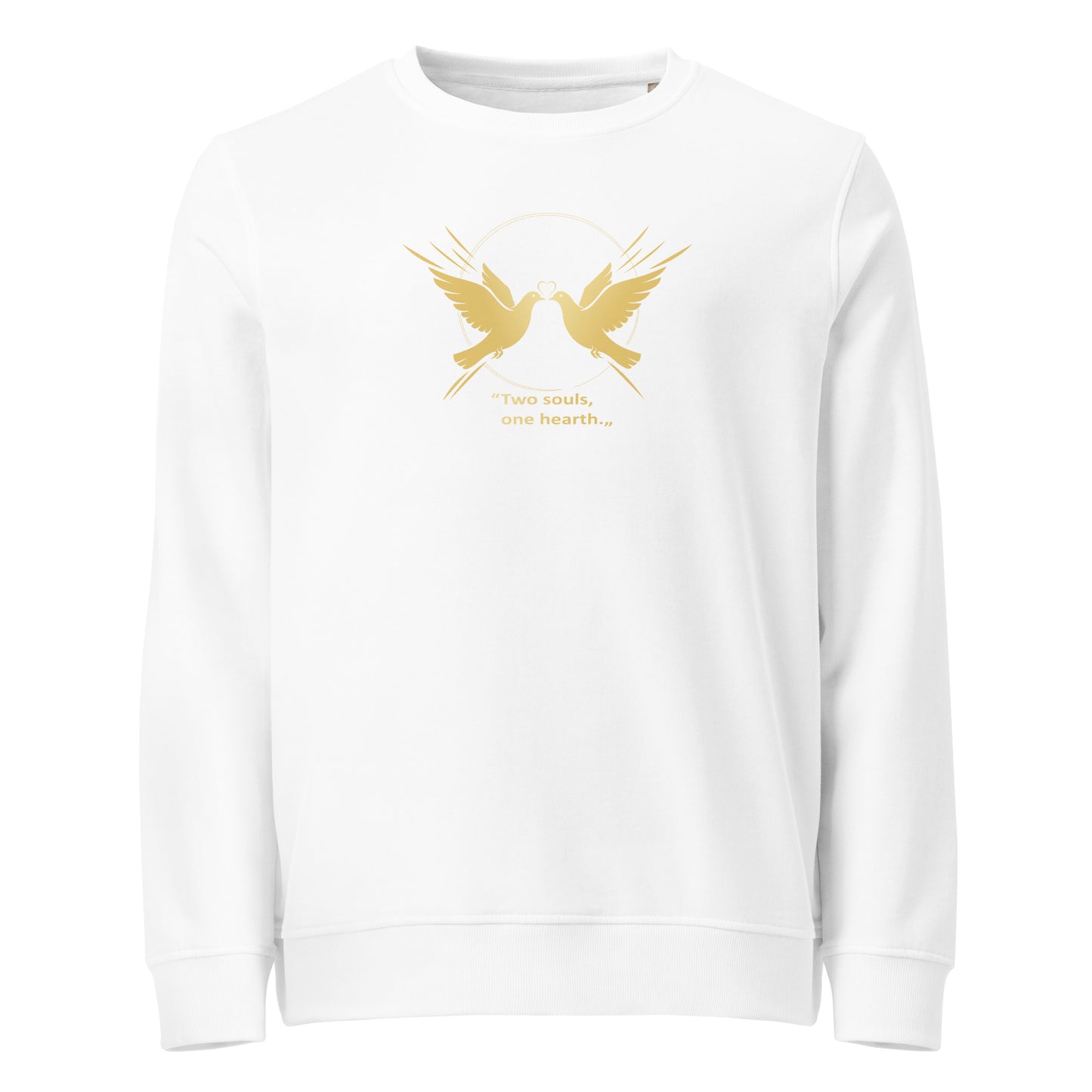 White sweatshirt with gold dove design and text on a white background