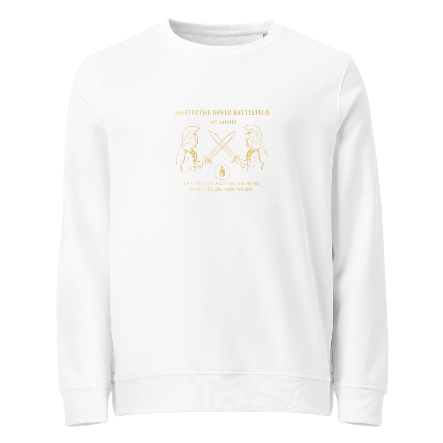 White sweatshirt with gold graphic and text on a white background