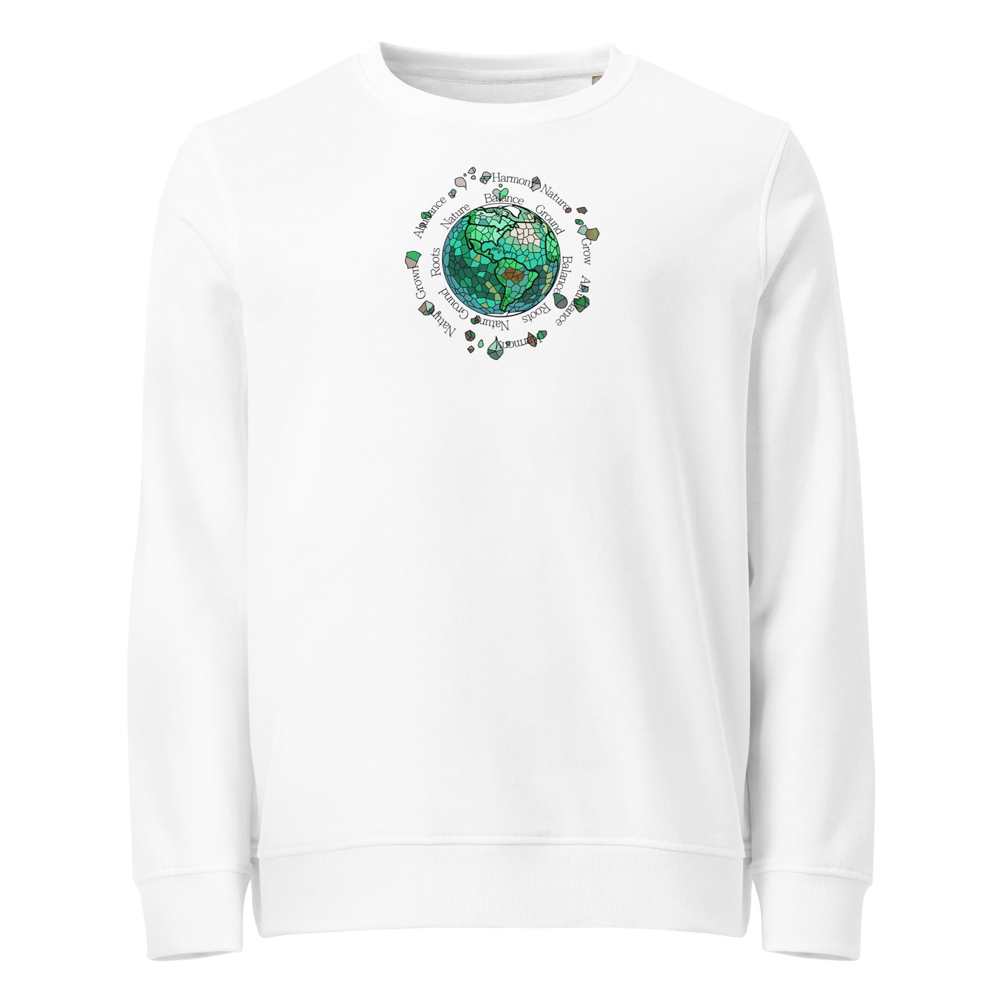 White sweatshirt with a green graphic design on a white background