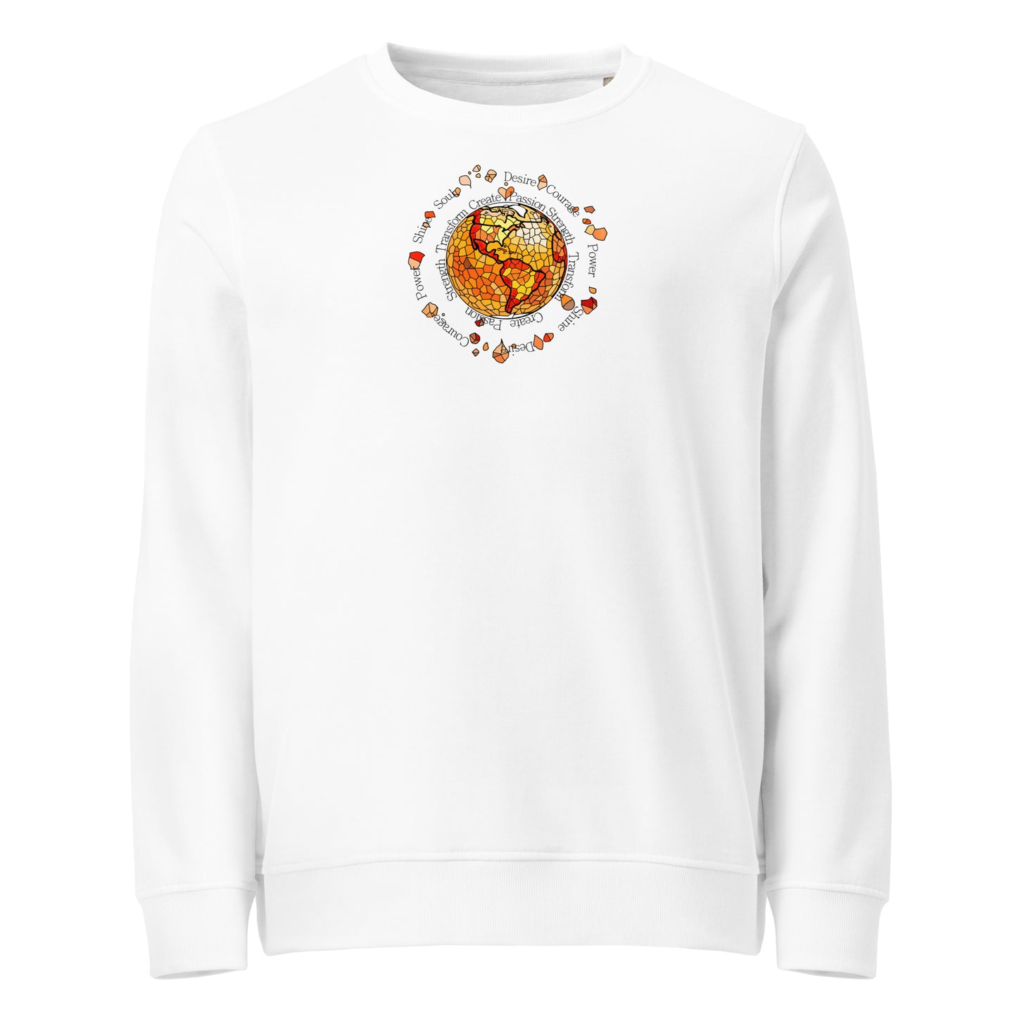 White sweatshirt with a colorful graphic design on a white background