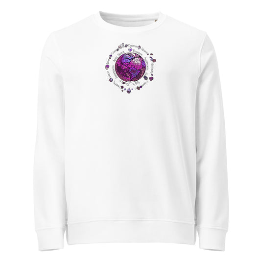 White sweatshirt with a purple and pink graphic design on a white background