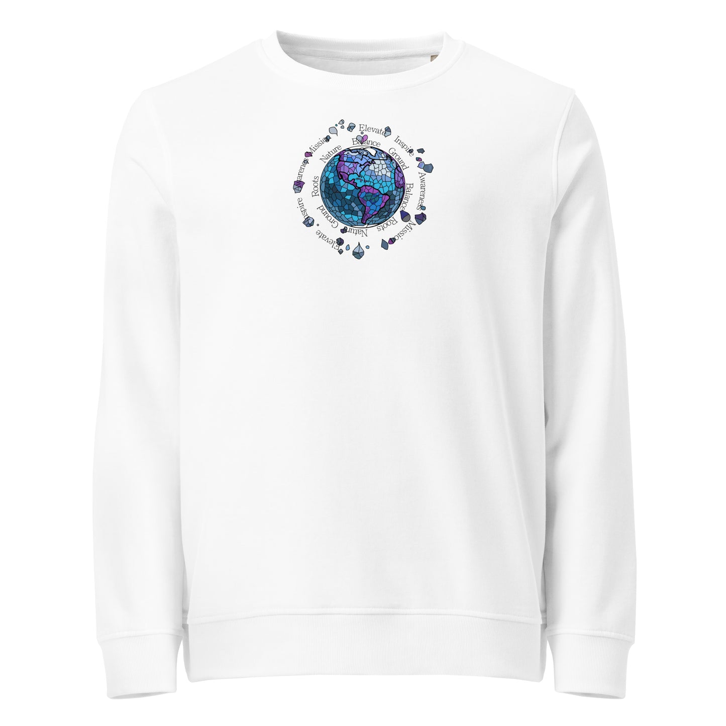 White sweatshirt with a colorful graphic design on a white background