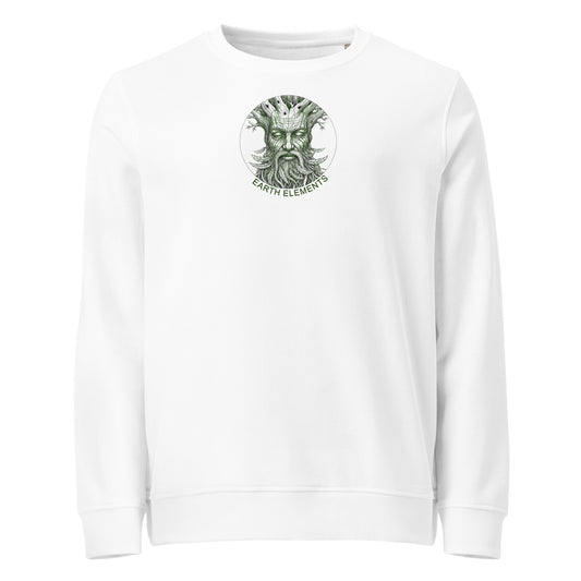 White sweatshirt with a green graphic design on a white background