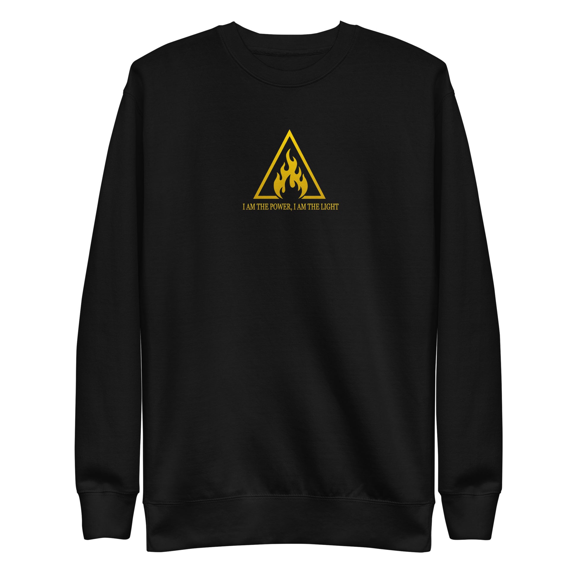Black sweatshirt with yellow triangle design and text on a white background