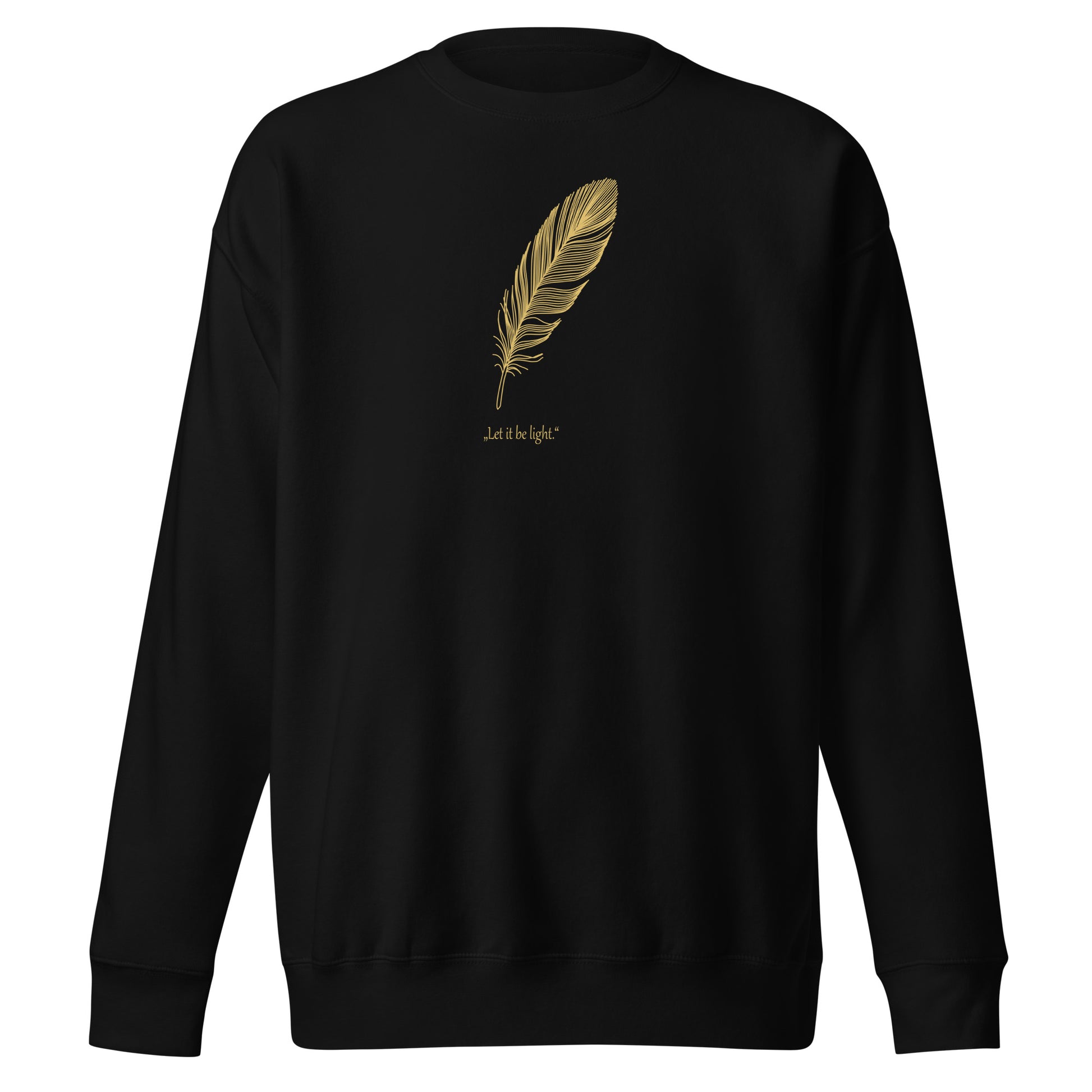 Black sweatshirt with a gold feather design on a white background